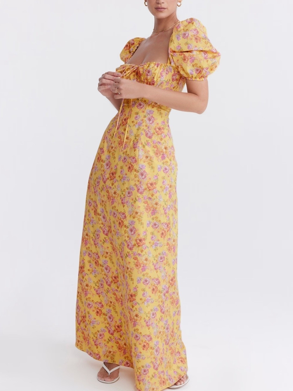 HOUSE OF CB Felizia Butter Floral Puff-Sleeve Maxi Dress